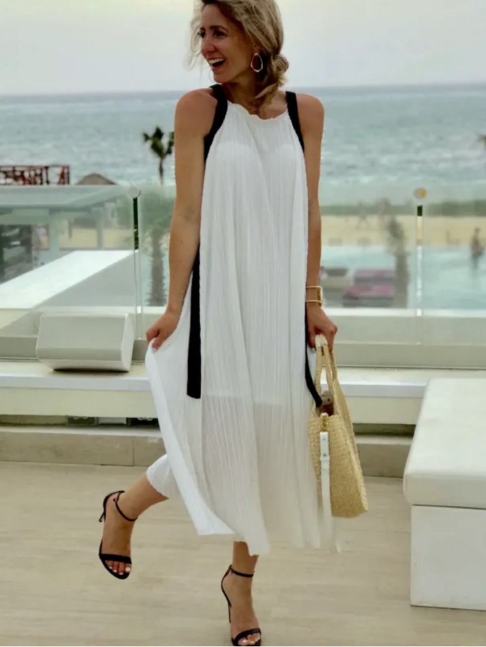 Line & Dot Dress with ribbon ties and pleats NWT
